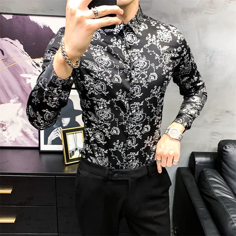 Contrast Color Flower Printed Long Sleeve Shirt