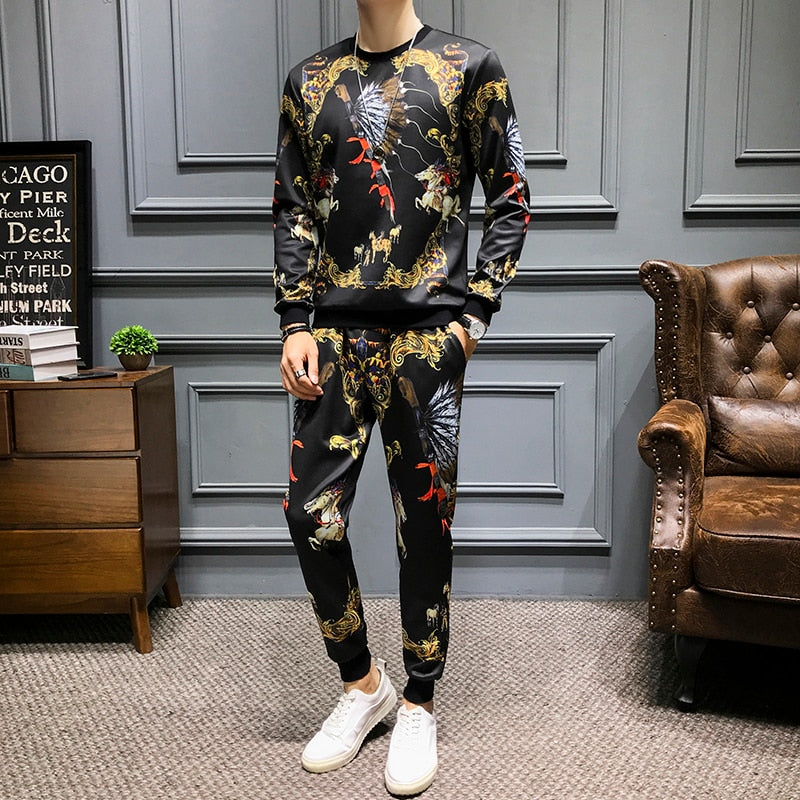 Casual Chinese Style Print Men Sweatshirt and Pants