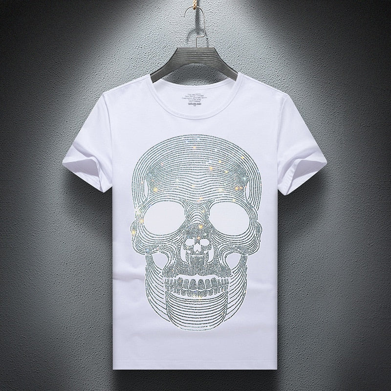 Striped Skulls Rhinestones Decorated T-Shirt