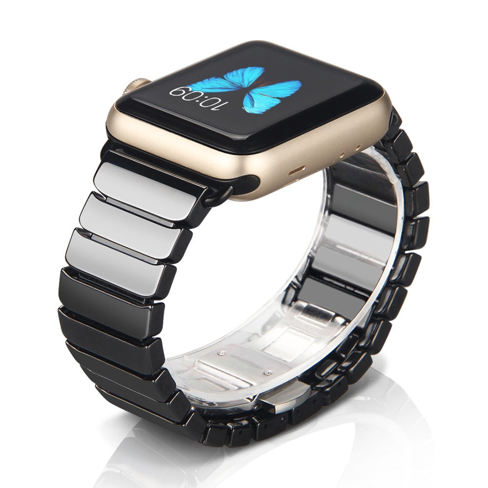 Link Style Ceramic Bracelet Apple Watch Band with Butterfly Closure