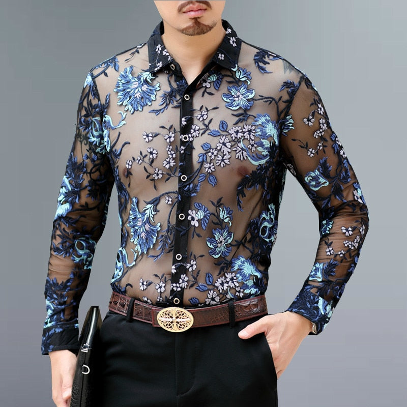 Floral Embroidery Sexy See Through Mesh Transparent Style Men Shirt