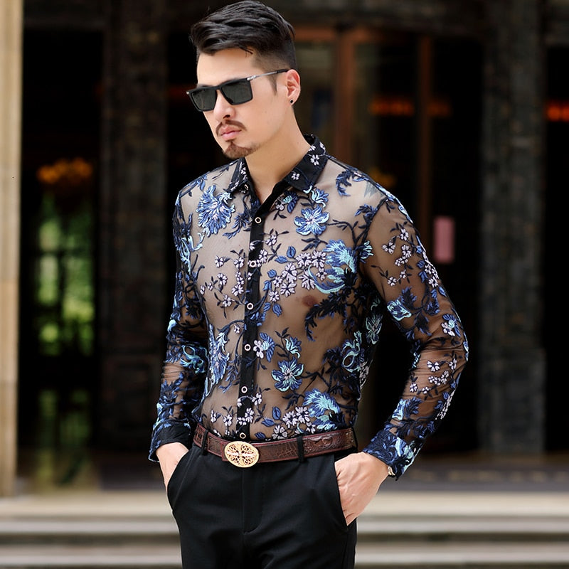 Floral Embroidery Sexy See Through Mesh Transparent Style Men Shirt