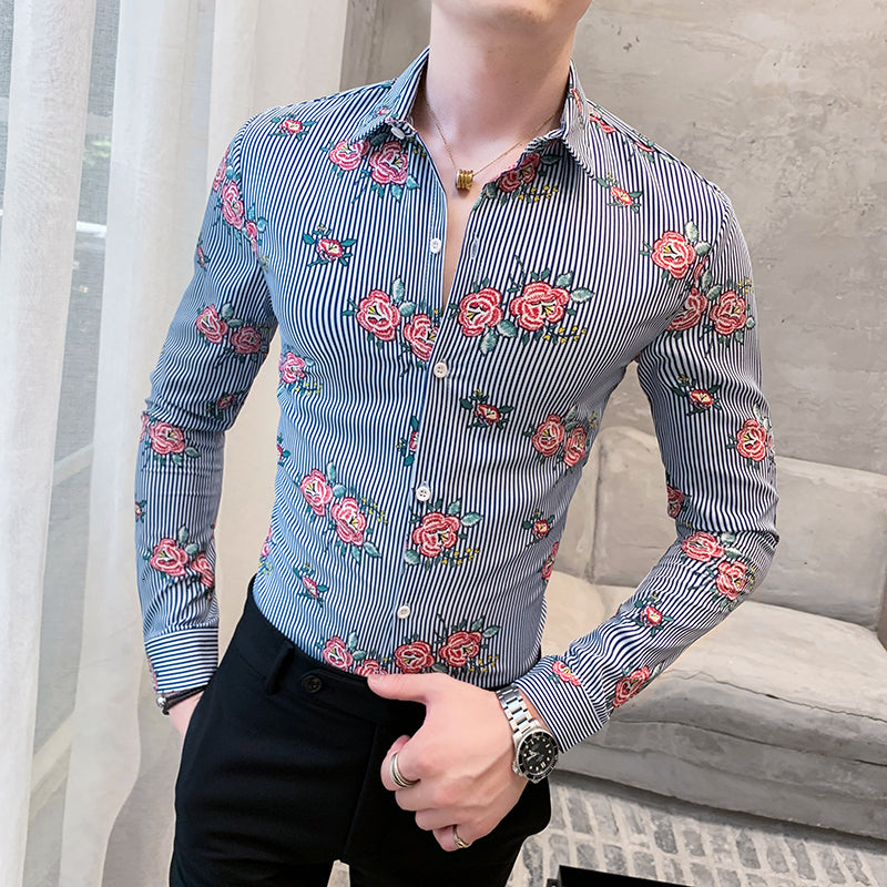 Striped Flower Print Slim Fit Long Sleeves Style Men Shirts