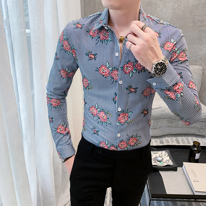 Striped Flower Print Slim Fit Long Sleeves Style Men Shirts