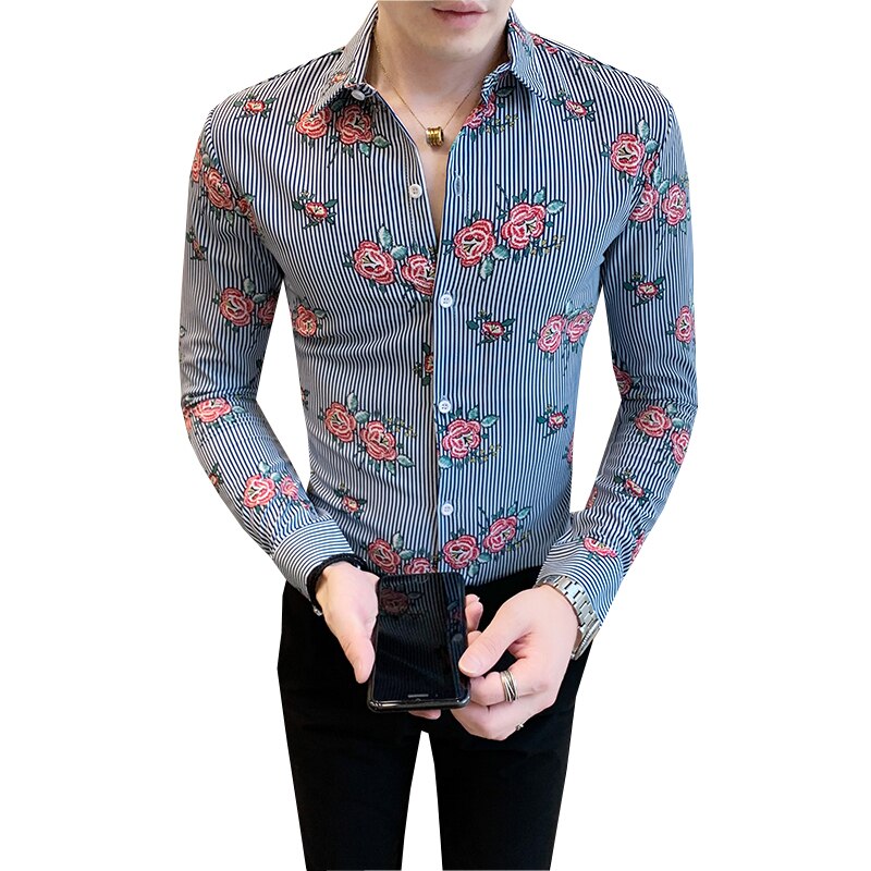 Striped Flower Print Slim Fit Long Sleeves Style Men Shirts