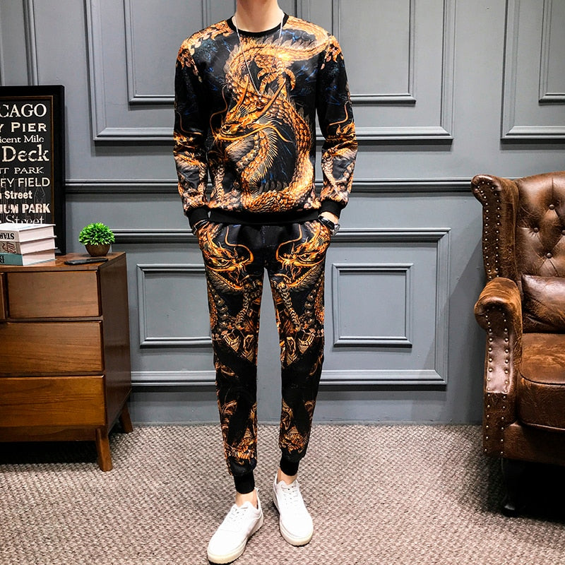 Fierce Dragon Print Casual Set Men Sweatshirt and Pants