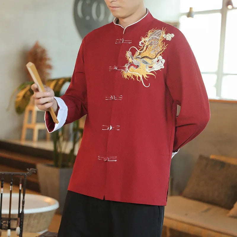 Embroidery Long Sleeve Chinese Style Shirt