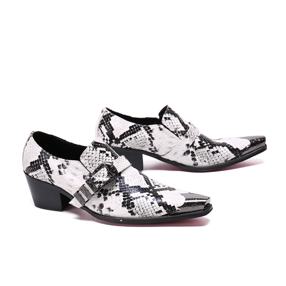 Metal Toe and Buckle Snakeskin Look Men Shoes