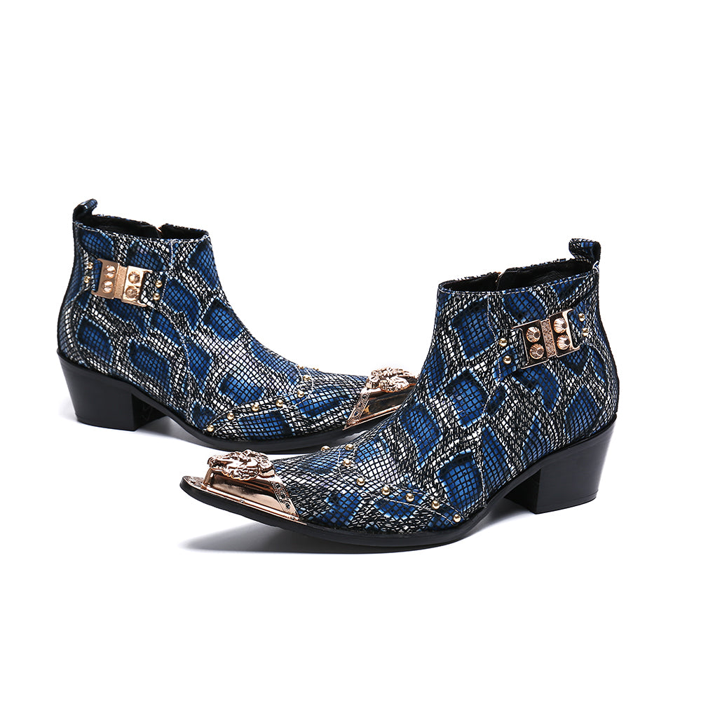 Snake Patterned Metal Toe Men Boots with Buckles