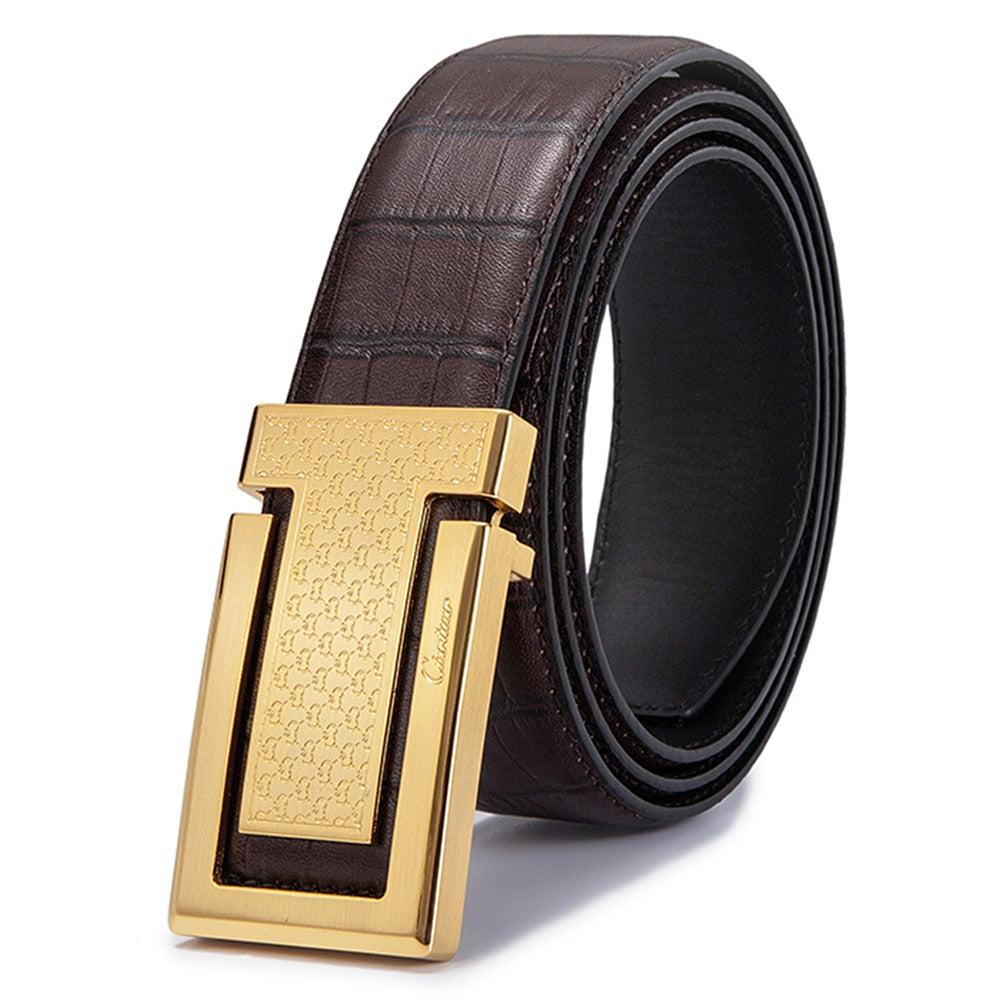 Embossed Genuine Leather Men Metal Buckle Belt