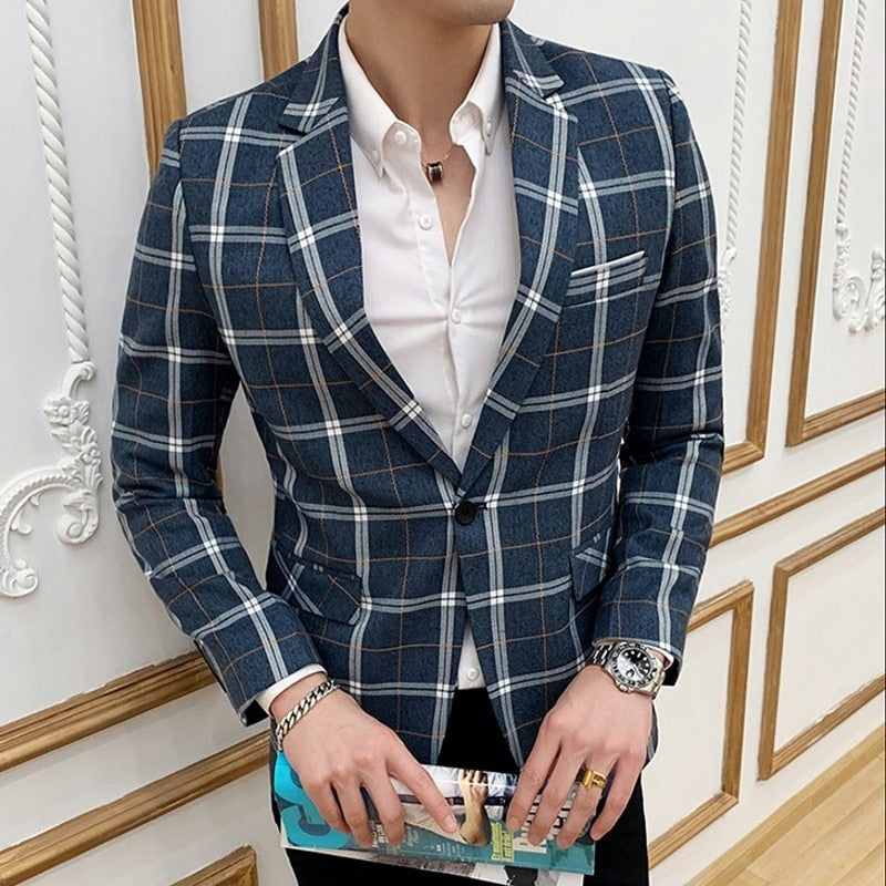 Classic Plaid Single Breasted Style Men Slim Fit Blazer - FanFreakz