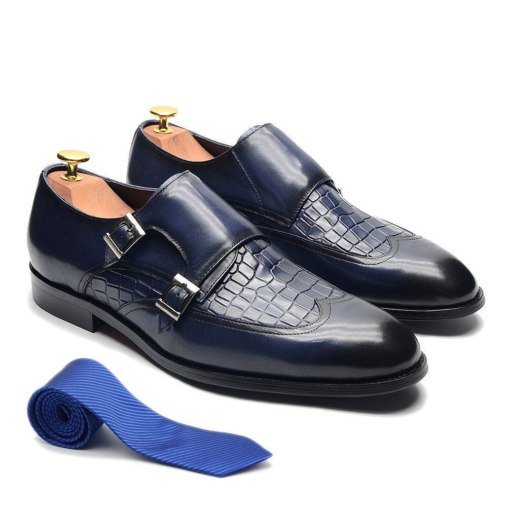 Classic Crocodile Print Double Buckle Monk Shoes