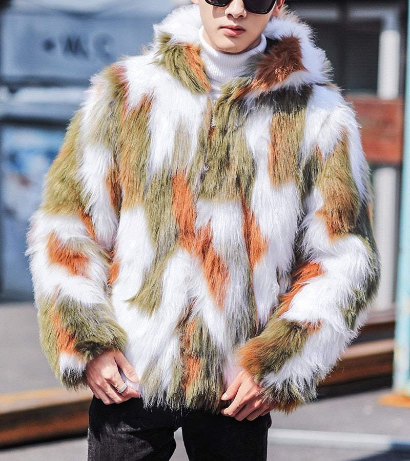 Green White Brown Camo Men Fur Jacket with Hoodie