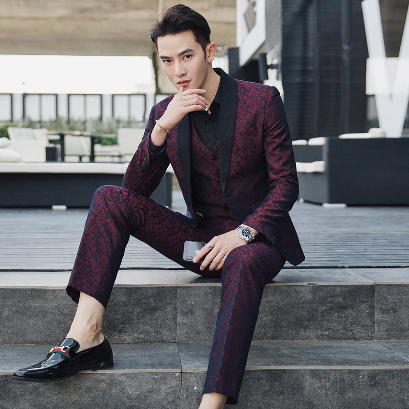 Contrast Black Collar Wine Red Patterned Men Slim Fit Suit Set with Vest and Trouser - FanFreakz