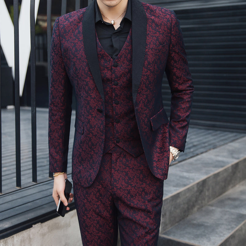 Contrast Black Collar Wine Red Patterned Men Slim Fit Suit Set with Vest and Trouser - FanFreakz
