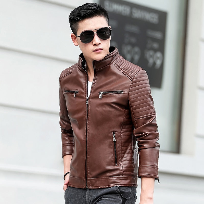 Casual Biker Zipper Solid Leather Jacket