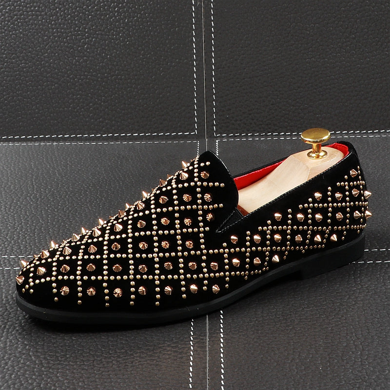 Black Luxury Plaid Rivets Pointed Toe Style Men Shoes