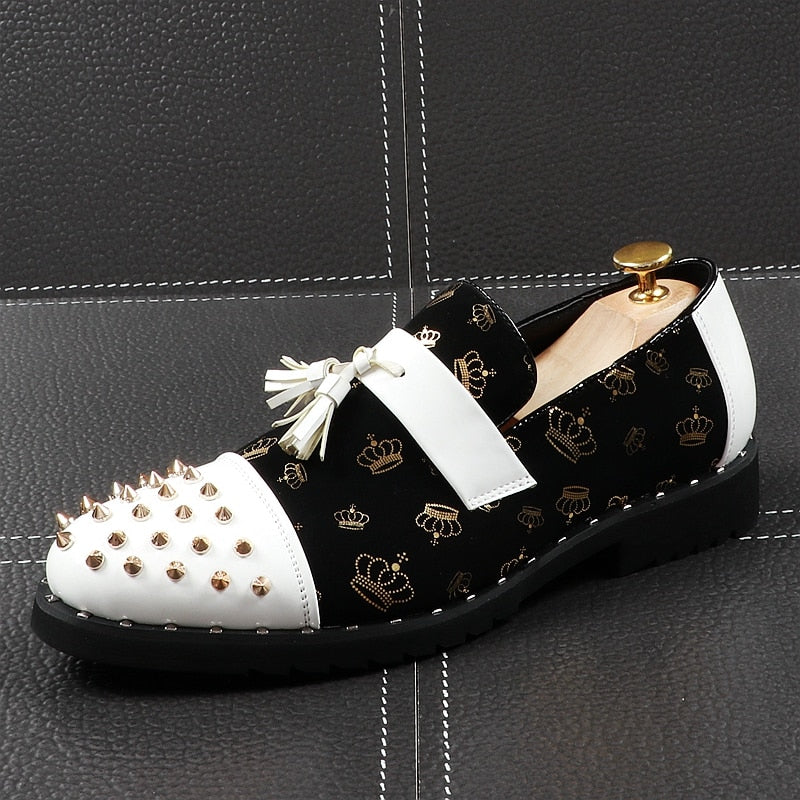 Casual Crown Print with Tassel Slip on Loafers Style Men Shoes