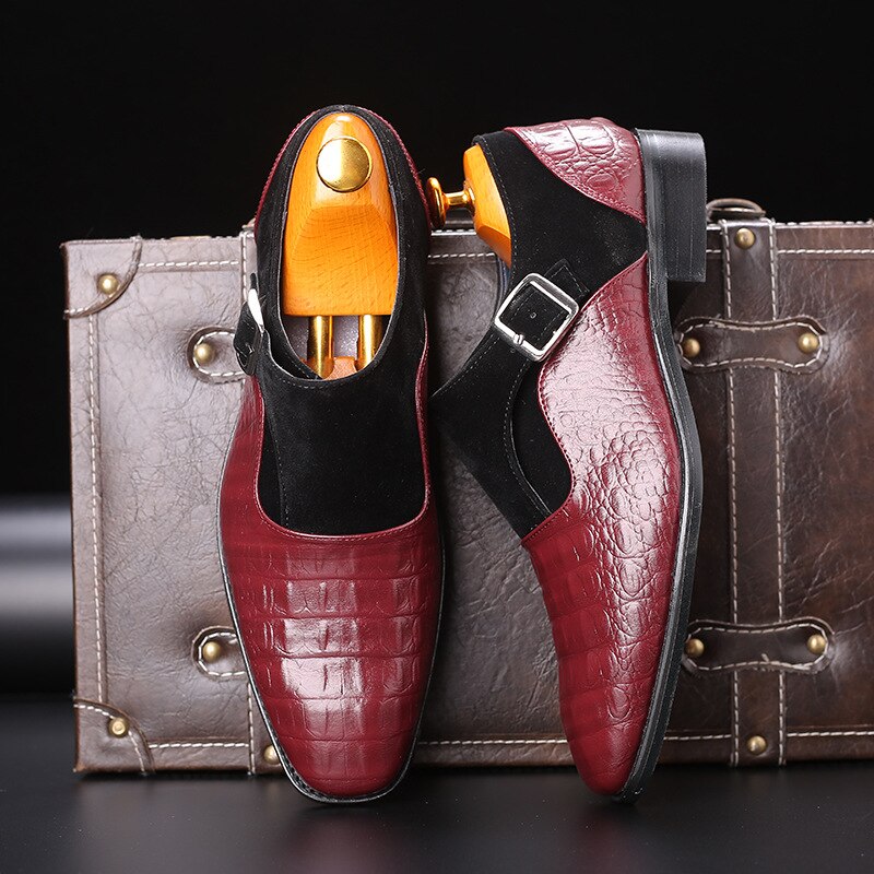 Pointed Toe Crocodile Pattern Suede Patched Buckle Casual Style Men Shoes