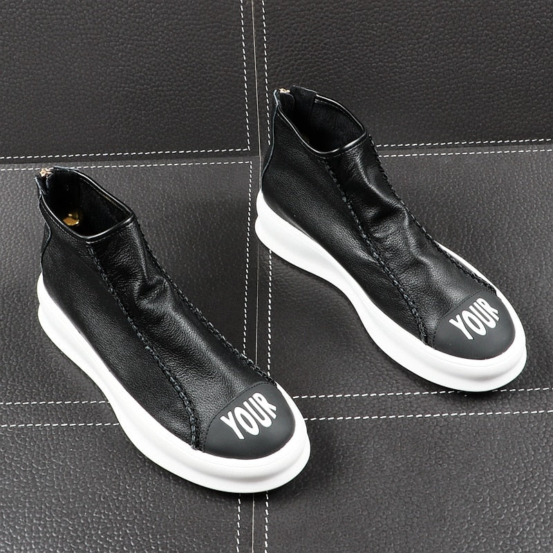 Leather Youth High Top Zipper Leisure Style Men Sneaker