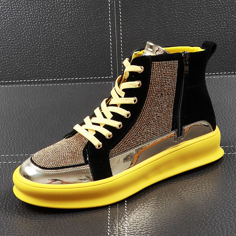 Yellow Gold Black Crystal High Top Bling Style Men Sneaker