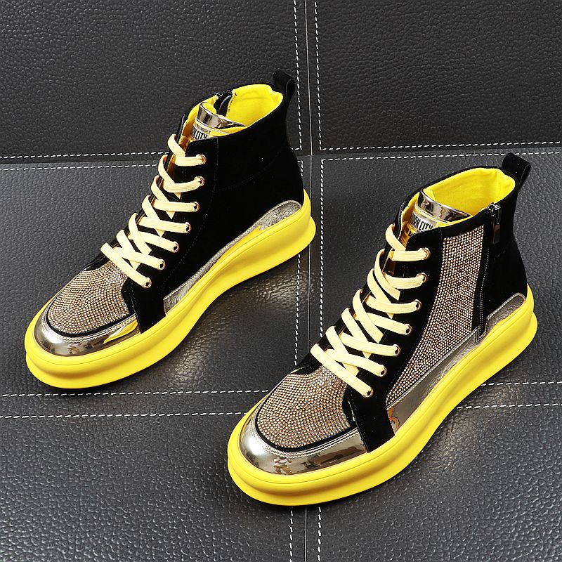 Yellow Gold Black Crystal High Top Bling Style Men Sneaker