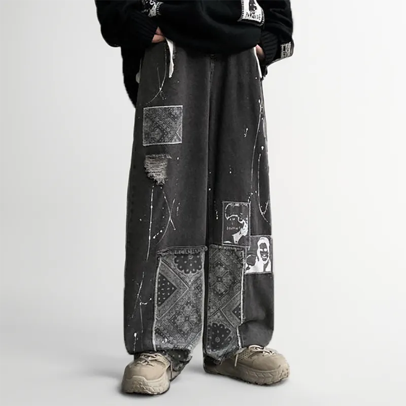 Black Patchwork Loose Denim Pants