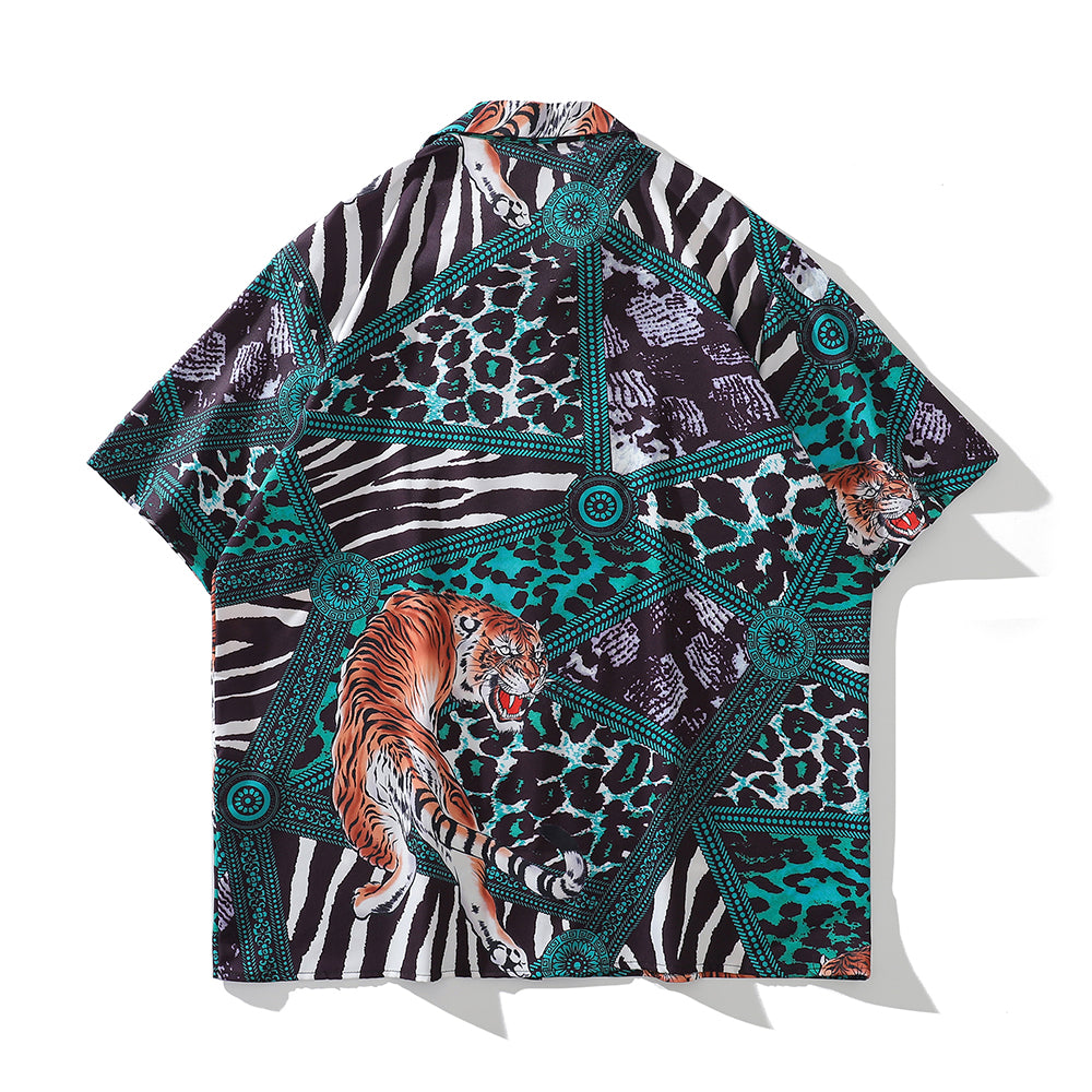 Geometric Patchwork Tiger Printed Hawaiian Shirt