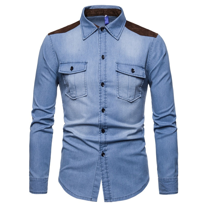 Lined Shoulder Long-Sleeved Denim Shirt