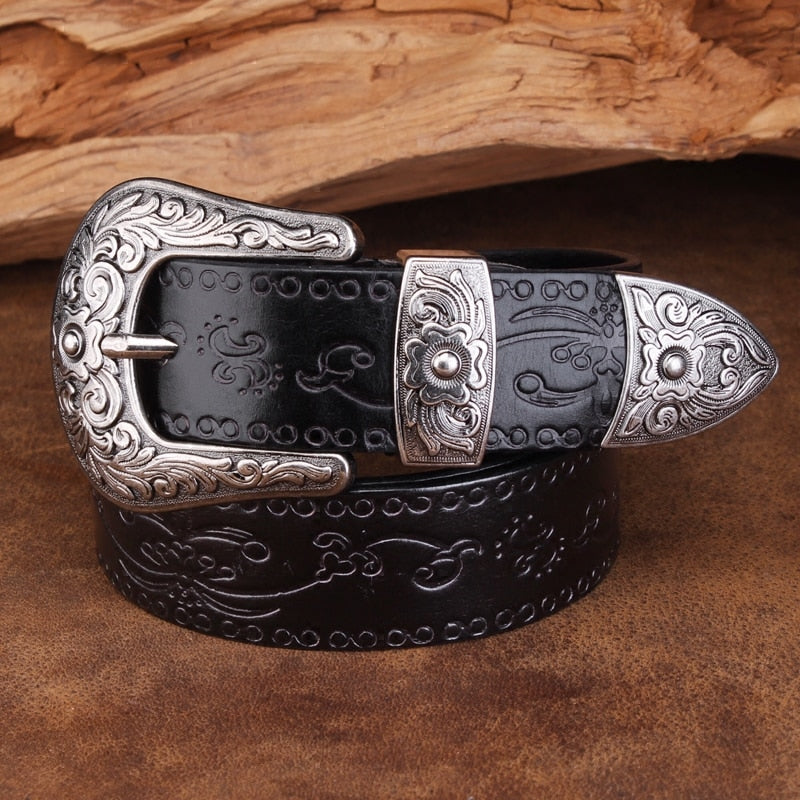 Retro Flower Embossed Pin Buckle Belt