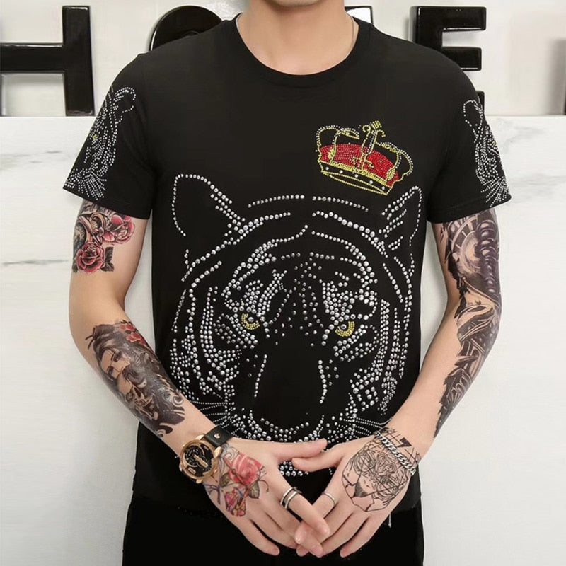 Crowned Tiger Rhinestones Monochrome Men T-Shirt