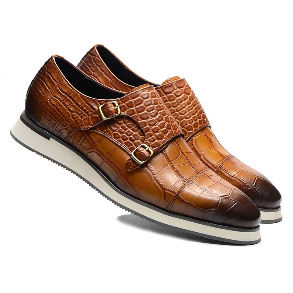 Crocodile Pattern Double Buckle Monk Shoes