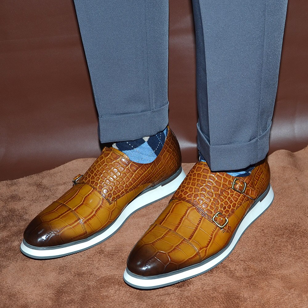 Crocodile Pattern Double Buckle Monk Shoes