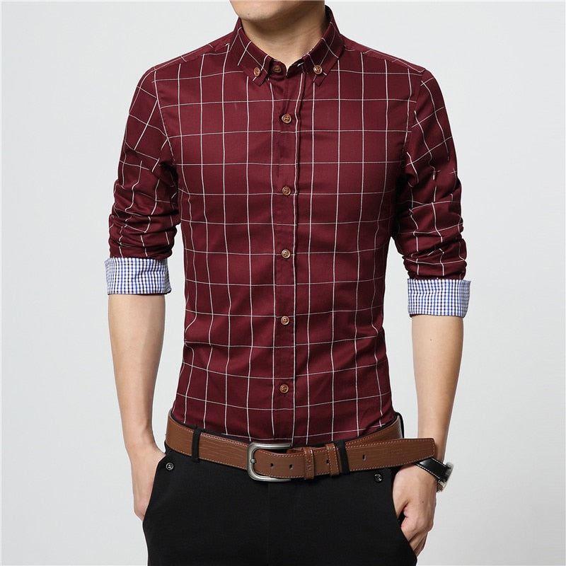 Solid Plaid Long-Sleeved Cotton Shirts