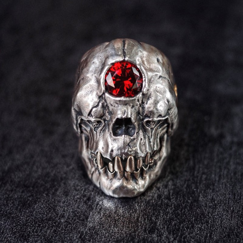 Red Crystal Forehead Cyclops Skull Stainless Steel Biker Style Men Fashion Rings