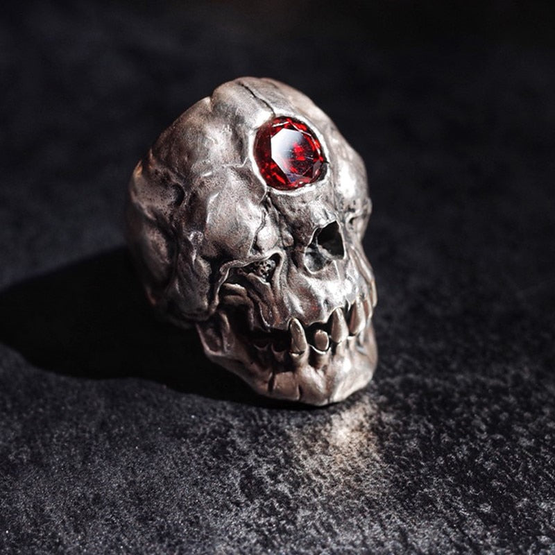 Red Crystal Forehead Cyclops Skull Stainless Steel Biker Style Men Fashion Rings