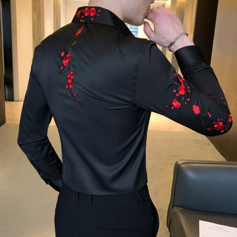 Red Roses Embroidery Pattern Men Long Sleeve Shirt