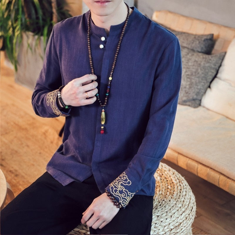 Linen Traditional Kung Fu Style with Simple Wrist Embroidery Men Long Sleeve Shirt