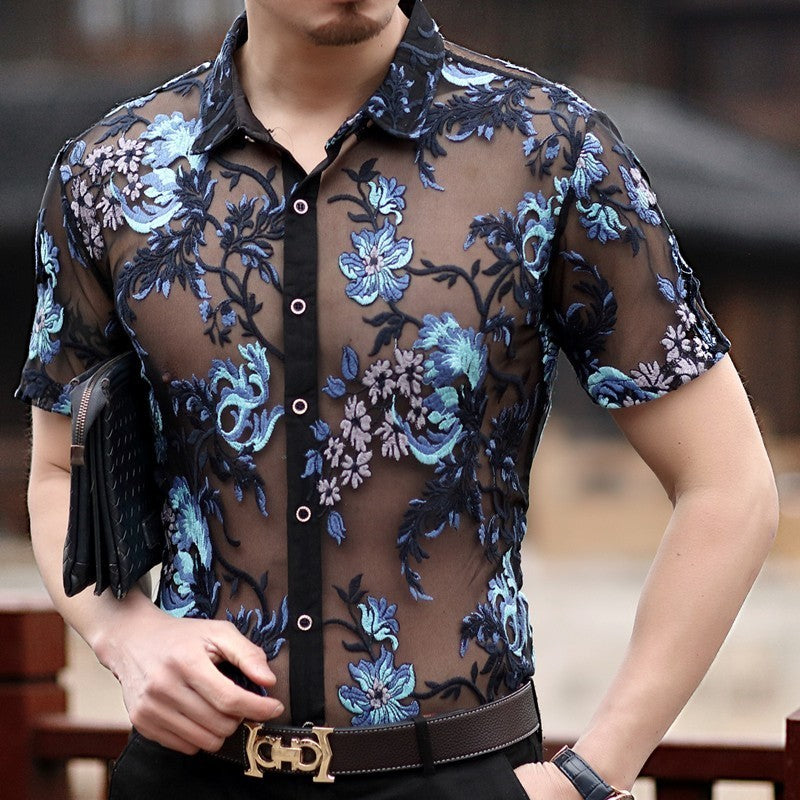 Embroidery Sexy Men Transparent Mesh Slim Fit Shirt - FanFreakz