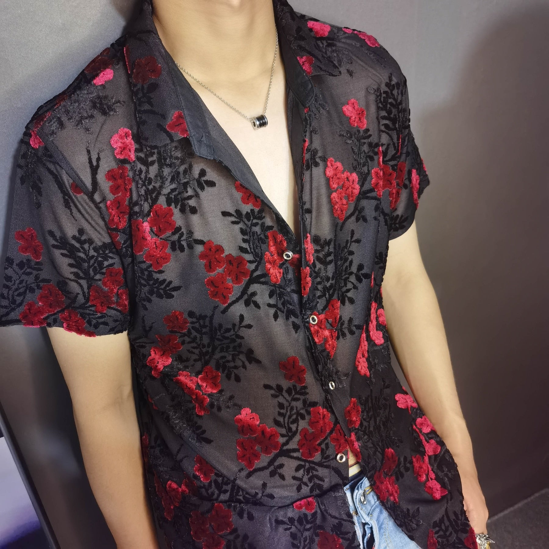 Red Blue Transparent Floral Velvet Shirt