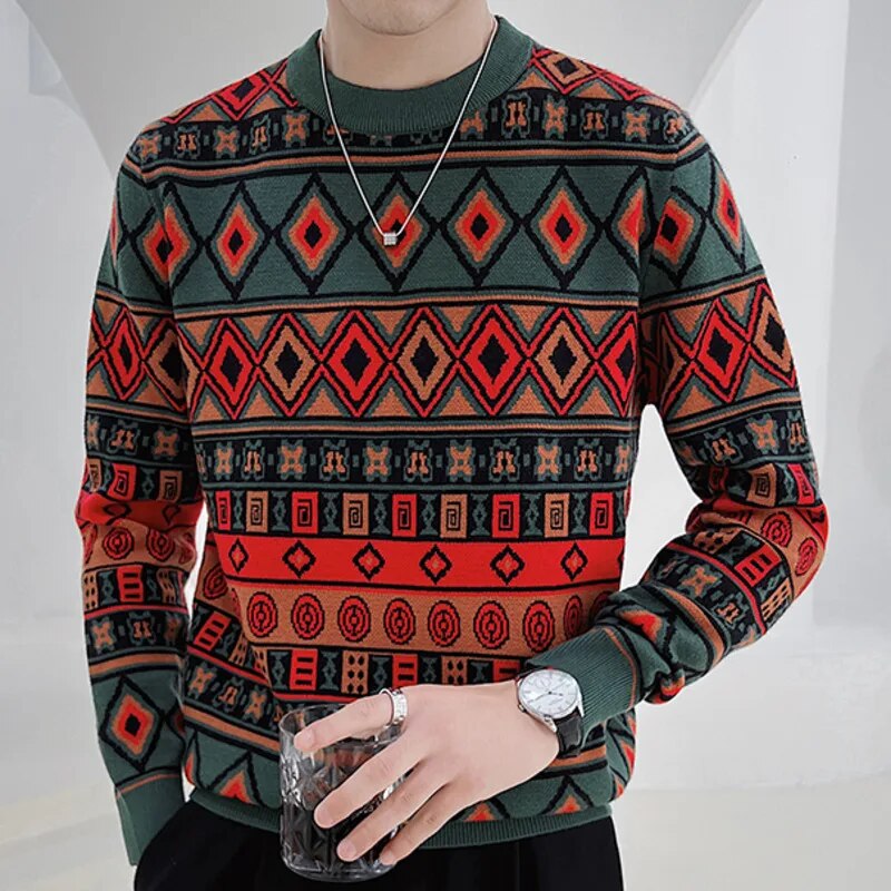 Retro Geometric PatternO-Neck Sweater