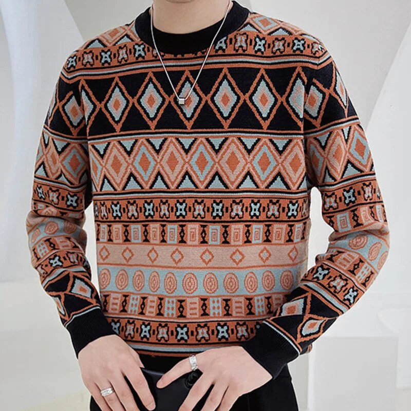 Retro Geometric PatternO-Neck Sweater