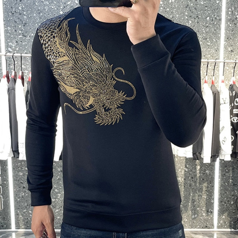 Dragon Printed Rhinestone Long Sleeve T-Shirt