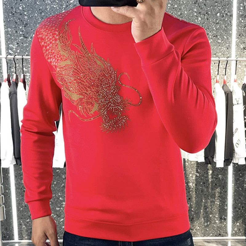 Dragon Printed Rhinestone Long Sleeve T-Shirt