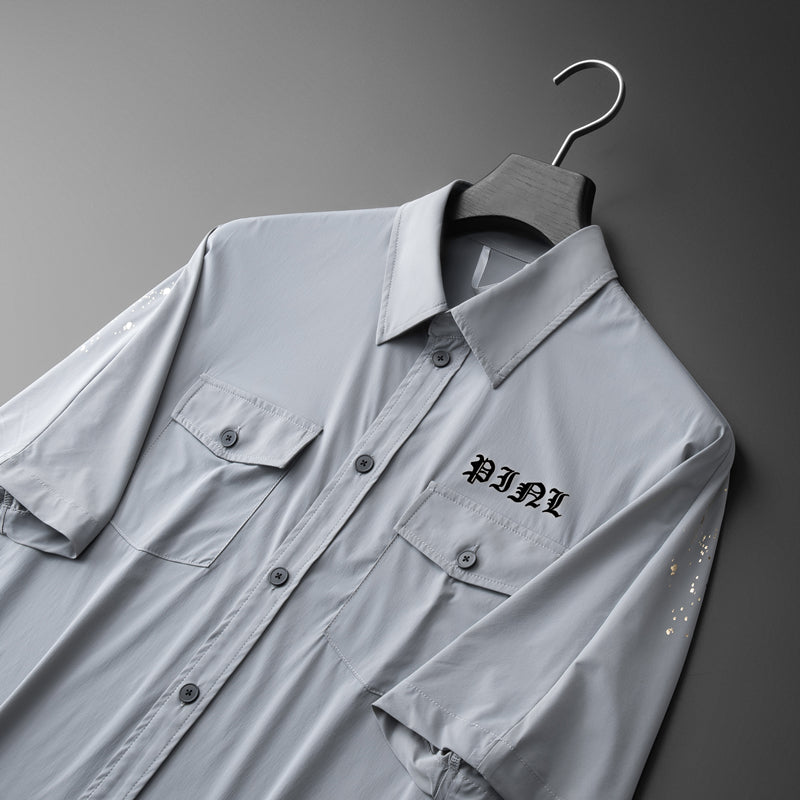 Printed & Rhinestone Decoration Gray Shirt