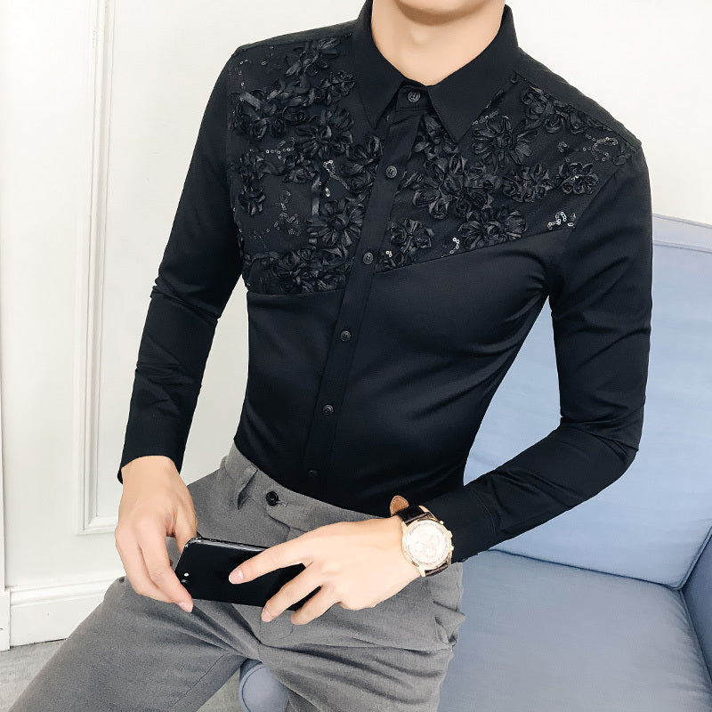 Lace Split Floral Patchwork Detail Men Slim Fit Shirt