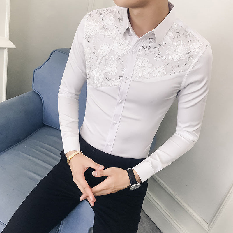 Lace Split Floral Patchwork Detail Men Slim Fit Shirt