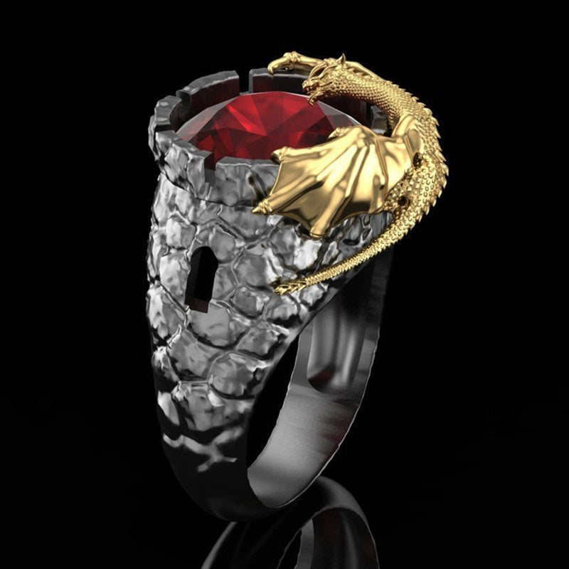 Golden Dragon On A Stone Gothic Ring