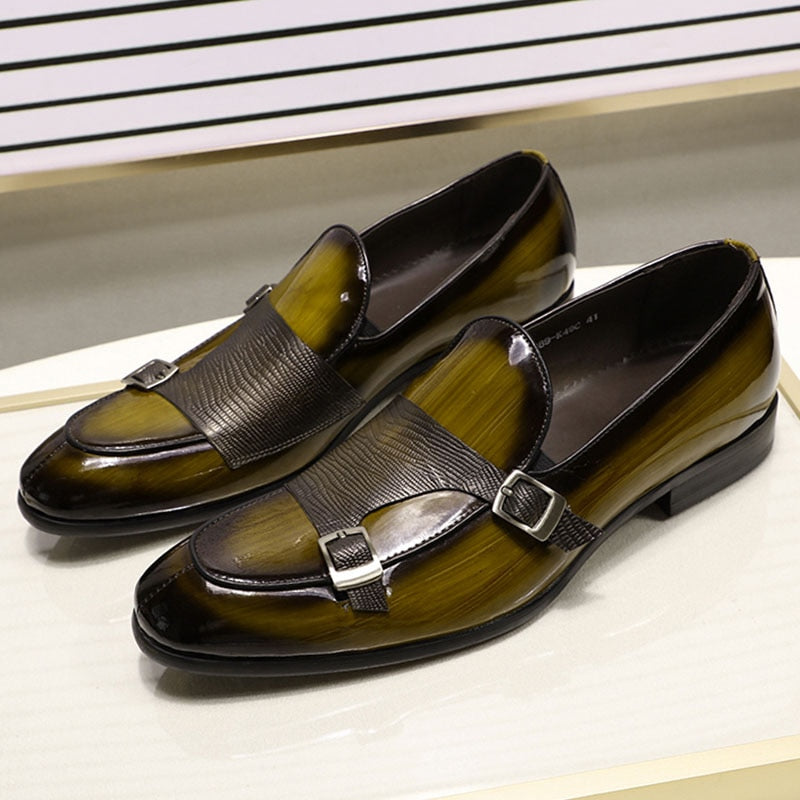 Patent Leather with Textured Monk Strap Design Men Loafers Shoes