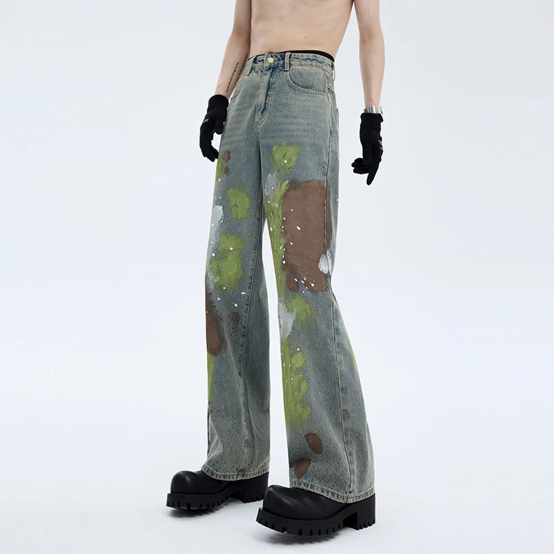 Hip Hop Graffiti Contrasting Color Wide Leg Jeans
